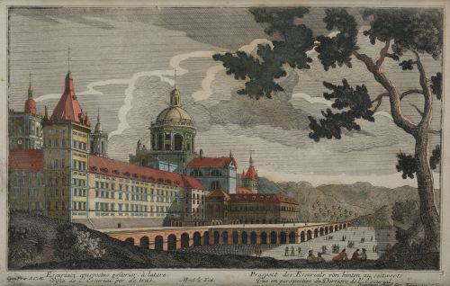 PIETER VAN DER BERGE, "Vista de El Escorial", Grabado color