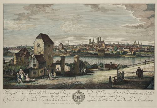 BERNARDO  BELLOTTO , "Vista de Múnich", Grabado coloreado.