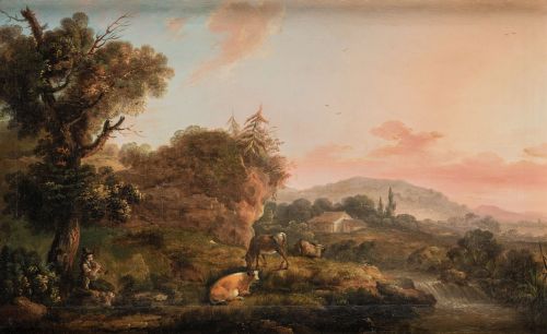 ANÓNIMO, "Paisaje con animales y campesino", Óleo sobre lie