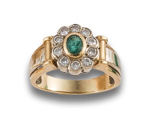 TWO-TONE GOLD RING WITH EMERALD AND DIAMONDS