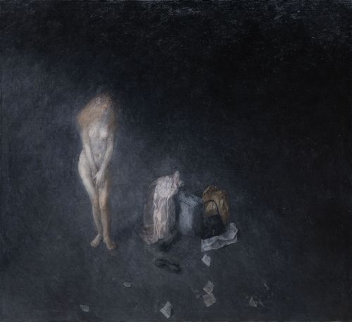 CRISTÓBAL TORAL, "Desnudo femenino con maletas", Óleo sobre