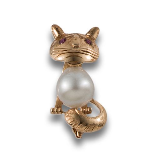 BROCHE CON FORMA GATO DE ORO DE 14K.