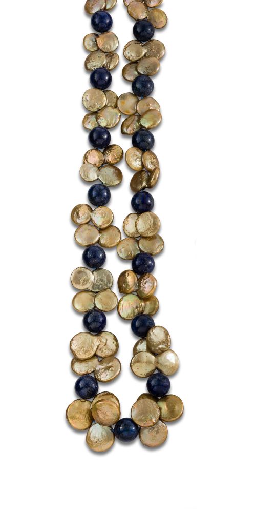 COLLAR LAPISLÁZULI Y PERLA DORADA DE AGUA DULCE Y PLATA