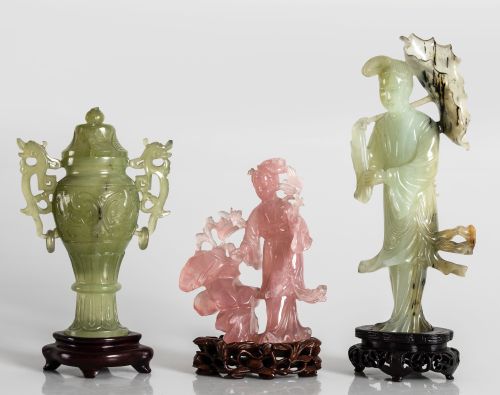 Guanyin de cuarzo rosa, guanyin y jarrón con tapa de jade,