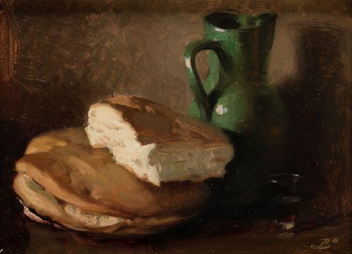 JOSÉ BARDASANO Y BAOS, "Bodegón con pan y jarra de vino", Ó