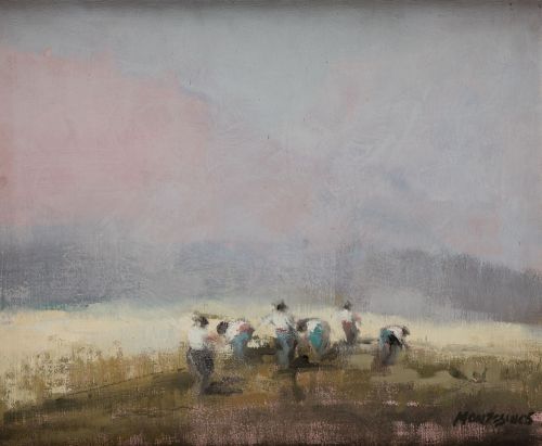 RICARDO MONTESINOS, "Paisaje con agricultores", Óleo sobre