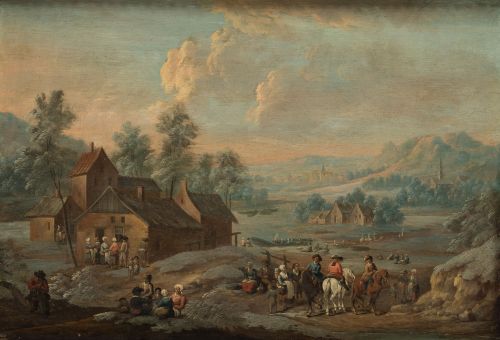 ATRIBUIDO A JAN GRIFFIER, "Paisaje de campo con aldea y cam