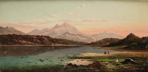CHARLES LESLIE, "Pasaije con lago y montañas al atardecer",