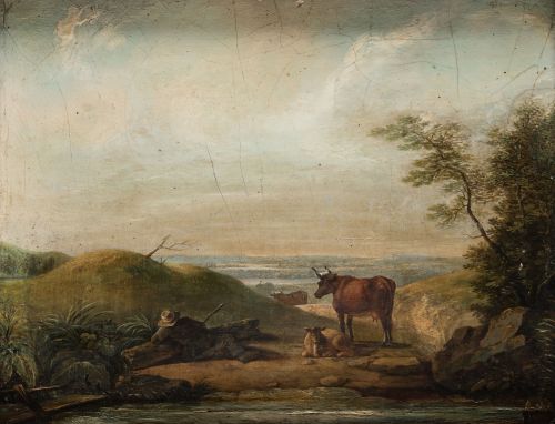 ANÓNIMO, "Pasiaje con pastor descansando y ganado", Óleo so