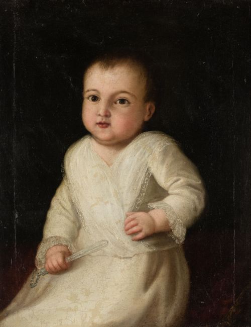 ESCUELA ESPAÑOLA , "Niño con sonajero", Óleo sobre lienzo