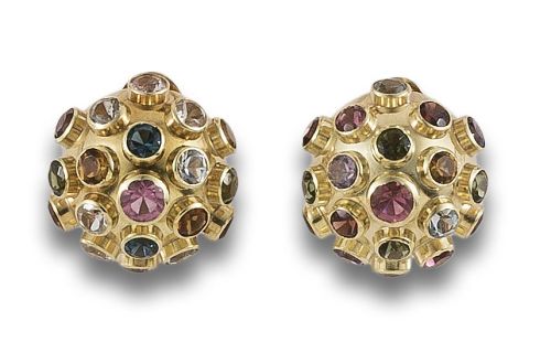 PAIR OF GOLD AND MULTI-GEM EARRINGS