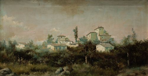 ESCUELA ESPAÑOLA, "Paisaje con casas", Óleo sobre lienzo