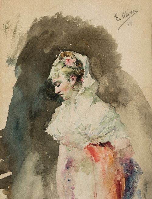 EUGENIO OLIVA Y RODRIGO, "Dama con tocado floral", 1879, Ac