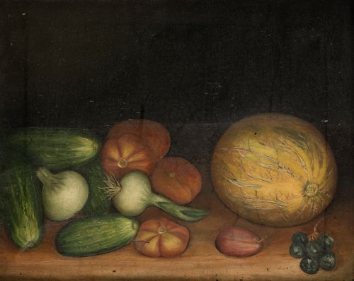 ESCUELA ESPAÑOLA, "Bodegón con frutas y hortalizas", Óleo s