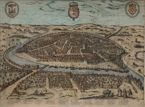 JORIS HOEFNAGEL, "Sevilla", Grabado coloreado