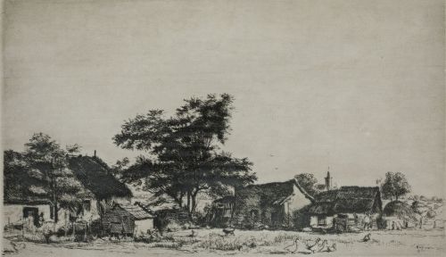 ANÓNIMO, "Paisaje con granja", 1971, Grabado