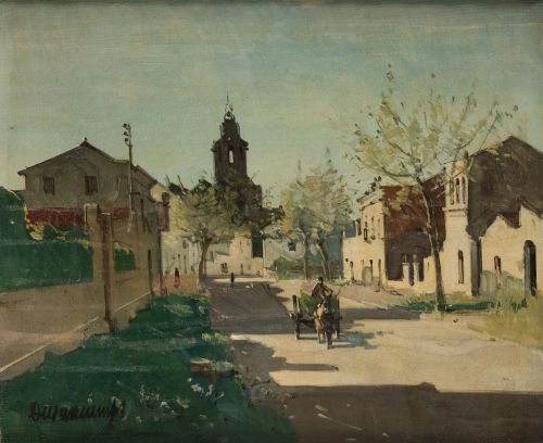 RAFAEL DURANCAMPS, "Vista rural", Óleo sobre lienzo.