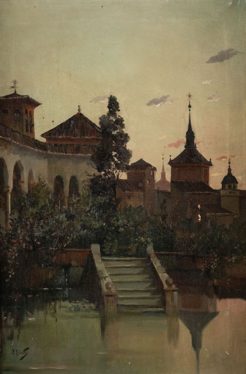 PEDRO INIESTA SOTO, "Paisaje con tejados y patio árabe al a