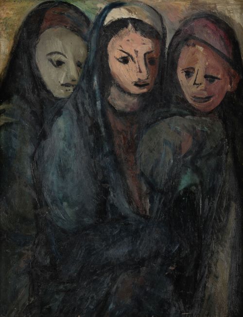 TAHIA HALIM, "Tres jóvenes nubias", 1958, Óleo sobre tablex