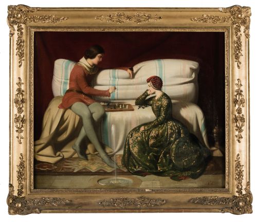 CLAUDIO LORENZALE Y SUGRANES, "Partida de ajedrez", Óleo so