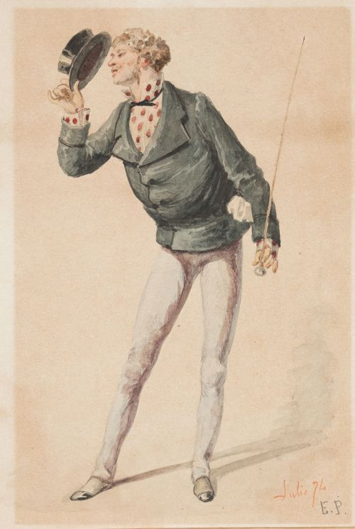 EUSEBIO PLANAS, "Caballero galante", 1874, Acuarela sobre p