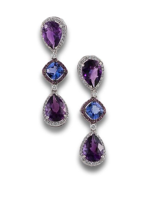 PAREJA DE PENDIENTES DE ORO CON AMATISTA Y TANZANITAS
