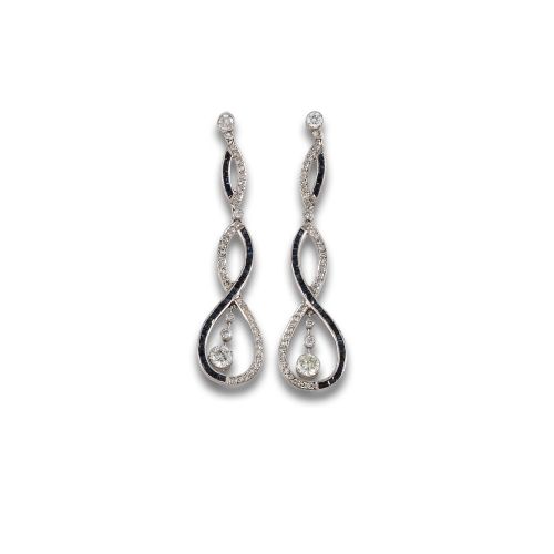 LONG PLATINUM EARRINGS WITH DIAMONDS AND SAPPHIRES