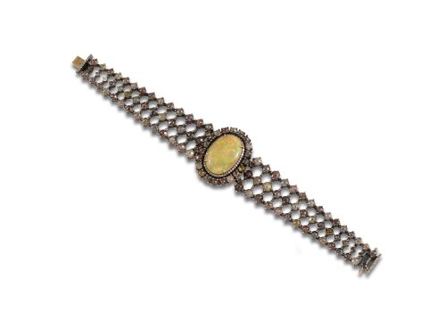 BRAZALETE PLATA Y ORO 9K CON OPALO Y DIAMANTES
