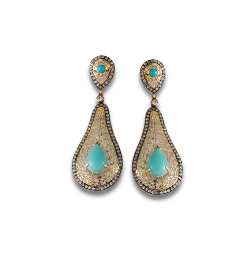 PENDIENTES ORO 14 Y PLATA CON TURQUESAS