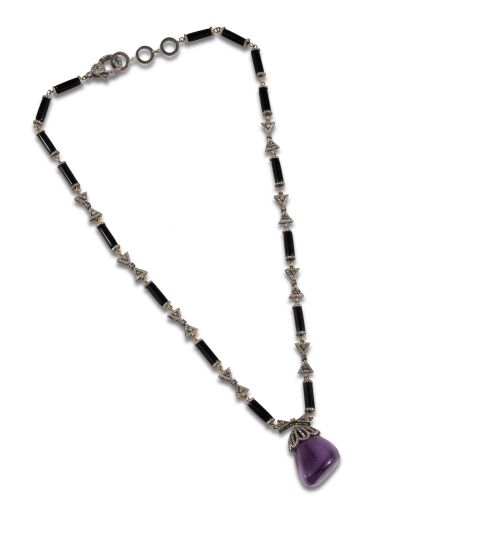 COLLAR DE  PLATA DIAMANTES, AMATISTA Y ONIX