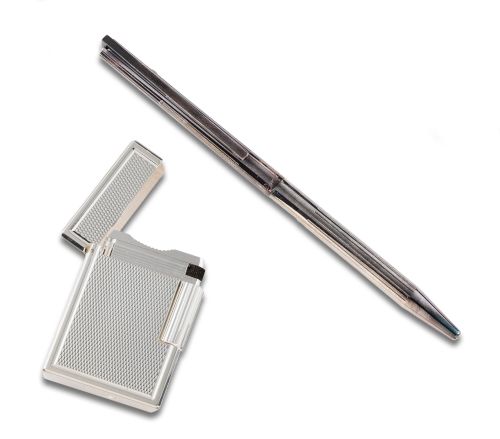 CONJUNTO DE ENCENDEDOR Y BOLÍGRAFO DE PLATA DUPONT