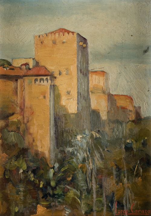  ESCUELA ESPAÑOLA, "La Alhambra", Óleo sobre tabla