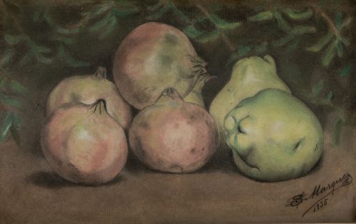 ESCUELA ESPAÑOLA, "Bodegón de granadas y membrillos", 1935,