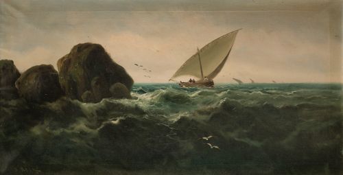 JOAN ROIG SOLER, "Veleros en mar escarpado", Óleo sobre lie