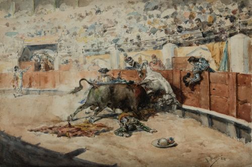 MARIANO  BENLLIURE, "Rejoneador abatido", 1884, Tintas y ac