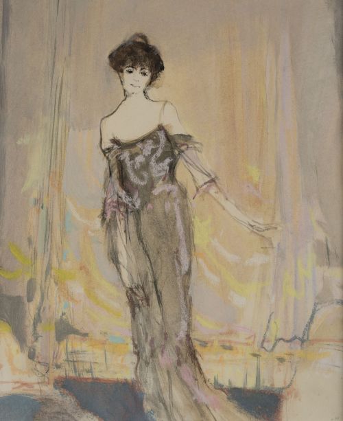 LUIS MARSANS JULIA , "Retrato de dama", Gouache, acuarela y