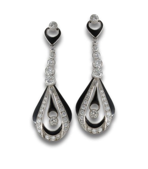 PLATINUM EARRINGS WITH DIAMONDS AND BLACK ENAMEL