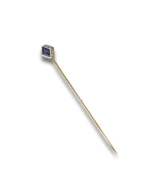 GOLD PIN WITH DIAMONDS AND SYNTHETIC SAPPHIRE