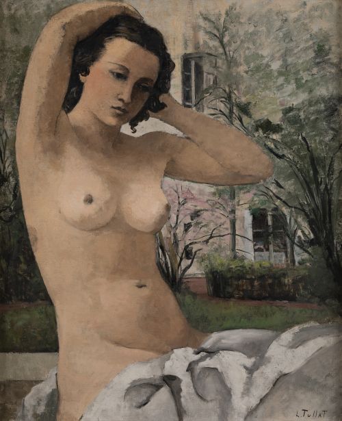 LUCE TULLAT, "Joven desnuda en paisaje", Óleo sobre lienzo