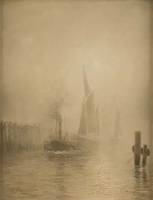EDWIN HENRY EUGÈNE FLETCHER, "Barcos en el puerto", Óleo so