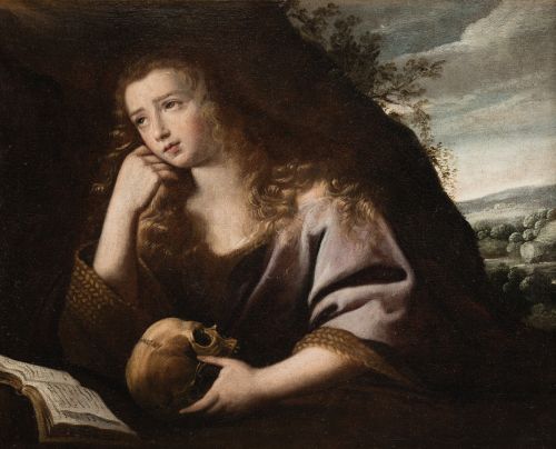 ESCUELA ESPAÑOLA , "Magdalena penitente", Óleo sobre lienzo