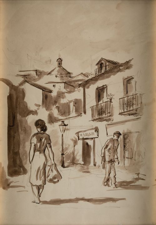 EDUARDO VICENTE, "Personajes en calle de pueblo", Tintas se