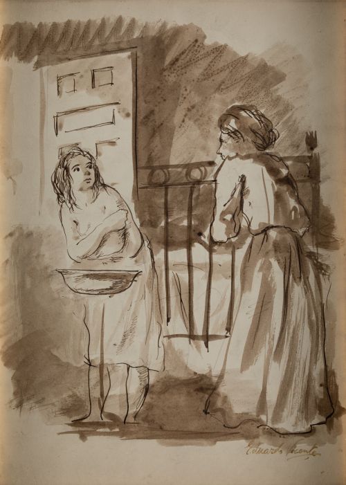 EDUARDO VICENTE, "Jovenes en interior", Tintas sepia sobre 