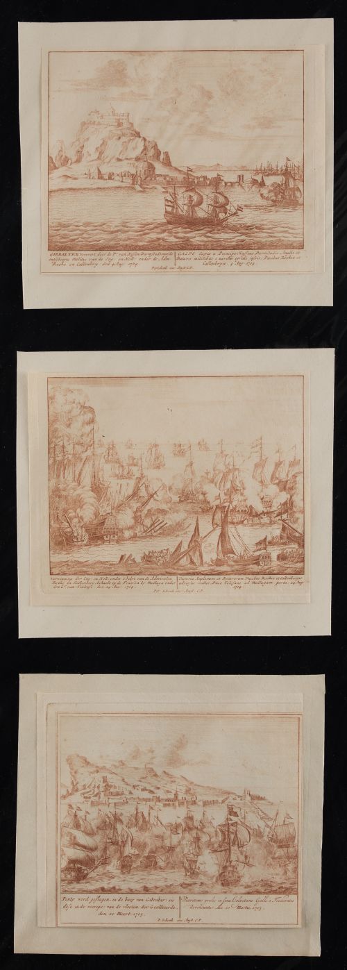 PIETER  SCHENK, "Gibraltar", Tres grabados. Color sepia ori