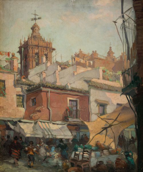 MANUEL CORRALES LEÓN, "Plaza del pan, Sevilla", Óleo sobre 