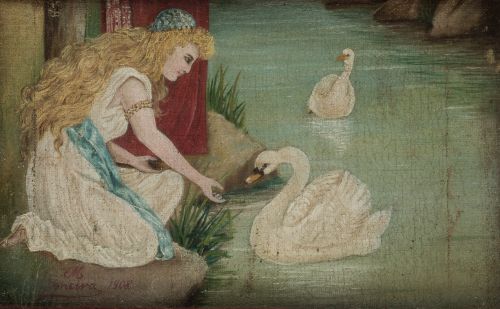  ESCUELA ESPAÑOLA, "Joven con cisnes", 1908, Óleo sobre lie