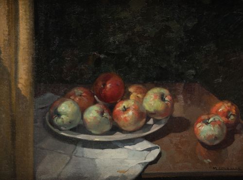 MANUEL CORRALES LEÓN, "Bodegón con manzanas", Óleo sobre li