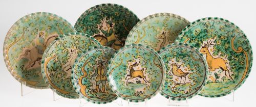 Ocho platos de cerámica, manufactura Santa Fé, Puente del A