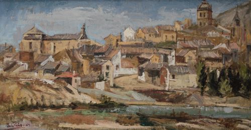 ANTONIO DE LA PEÑA, "Paisaje de pueblo con río", 1964, Óleo