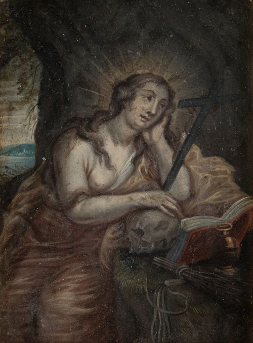  ESCUELA ITALIANA, "Magdalena penitente", Óleo sobre cobre.
